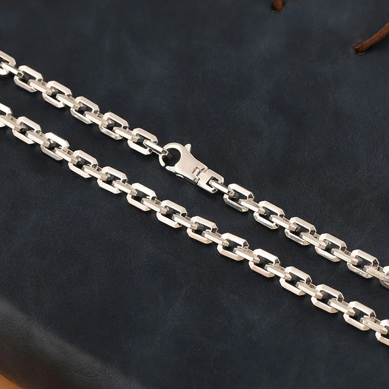 100% Solid 925 Sterling Silver Square Box Chains Necklace For Mens Womens Fine Hip hop Simple Cowboy Link Chain Jewelry 6mm