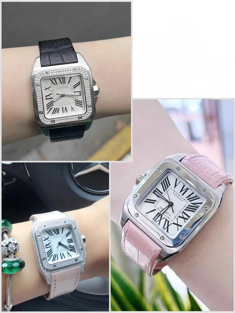 20mm 23mm High Quality Genuine Leather Watch Strap For Cartier Watchband Santos 100 Series Men's And Women Folding Buckle