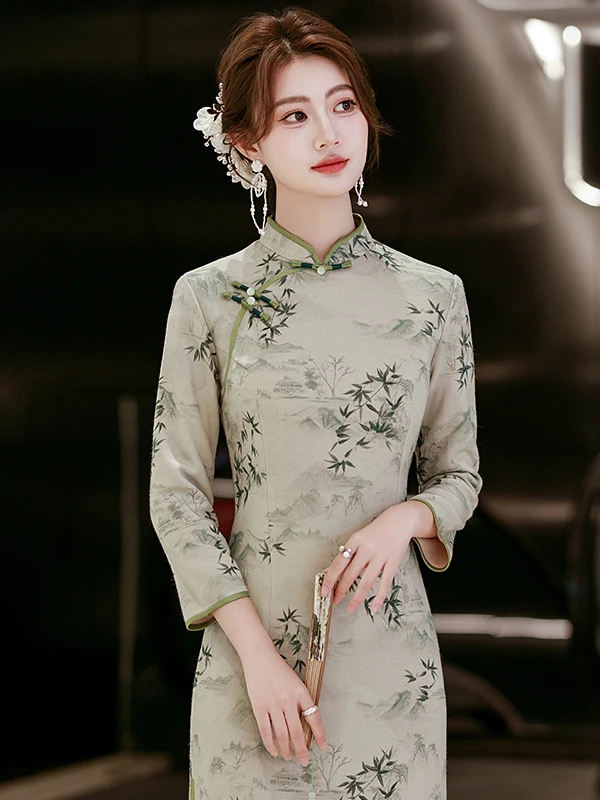 

New Chinese Sle Mid-Length Gown Vintage anghai Retro National Sle Daily Wear Formal Low Slit Long Sve