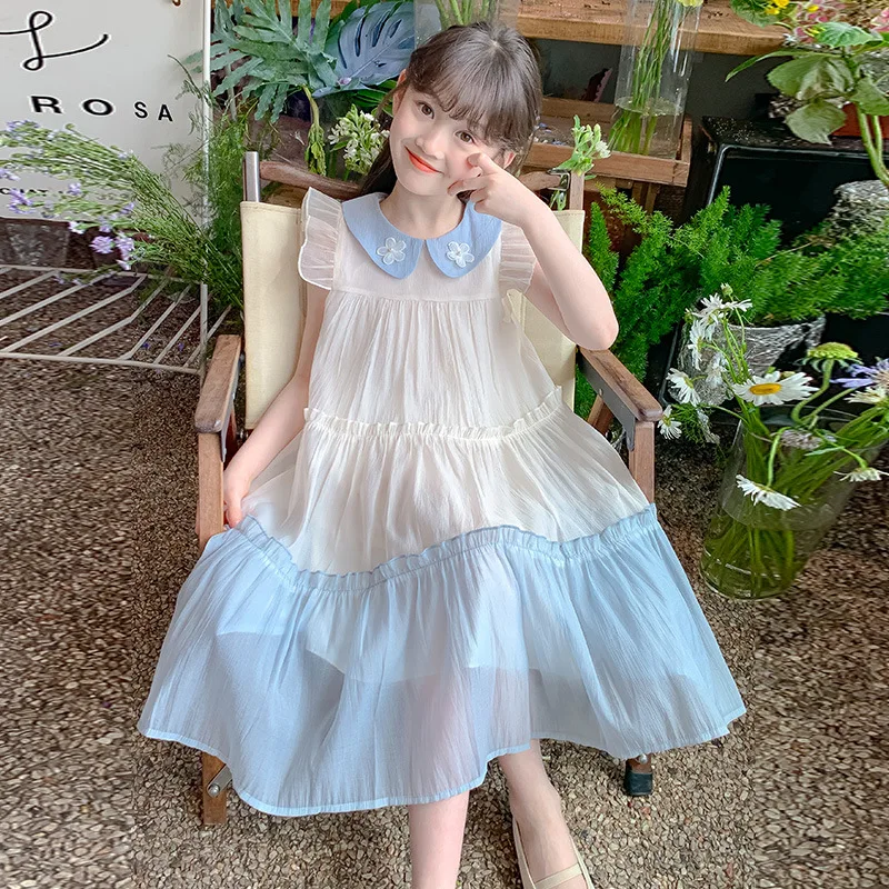 

Girls Skirts 2024 Summer New Childrens Clothes Foreign Style Big Child Sweet Doll Collar Flying Sleeve Princess Skirt Fashion
