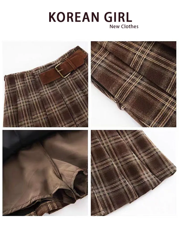 Süßer würziger Retro brauner karierter Rock Damen Herbst Winter College Sle JK karierter Ort Rock kleine Größe hohe Taille A-Lin...