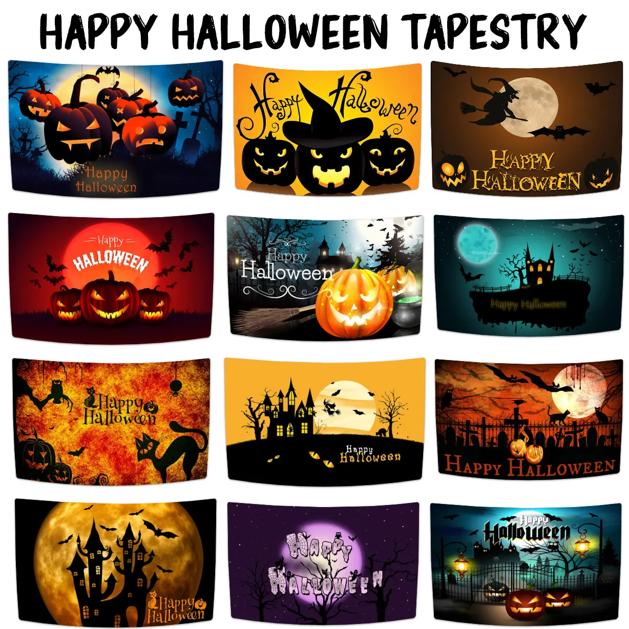 

Happy Halloween Meme Tapestry Bat Pumpkin Printed Wall Hanging Carpets Party Background Cloth Home Decor