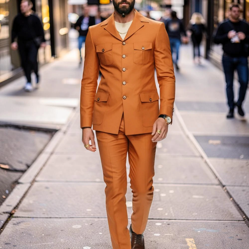 

Safari Suits for Men with Multi Pocket Slim Fit Casual Blazer with Pants for Summer Streetwear Vacation Daily Wear 2 Pcs