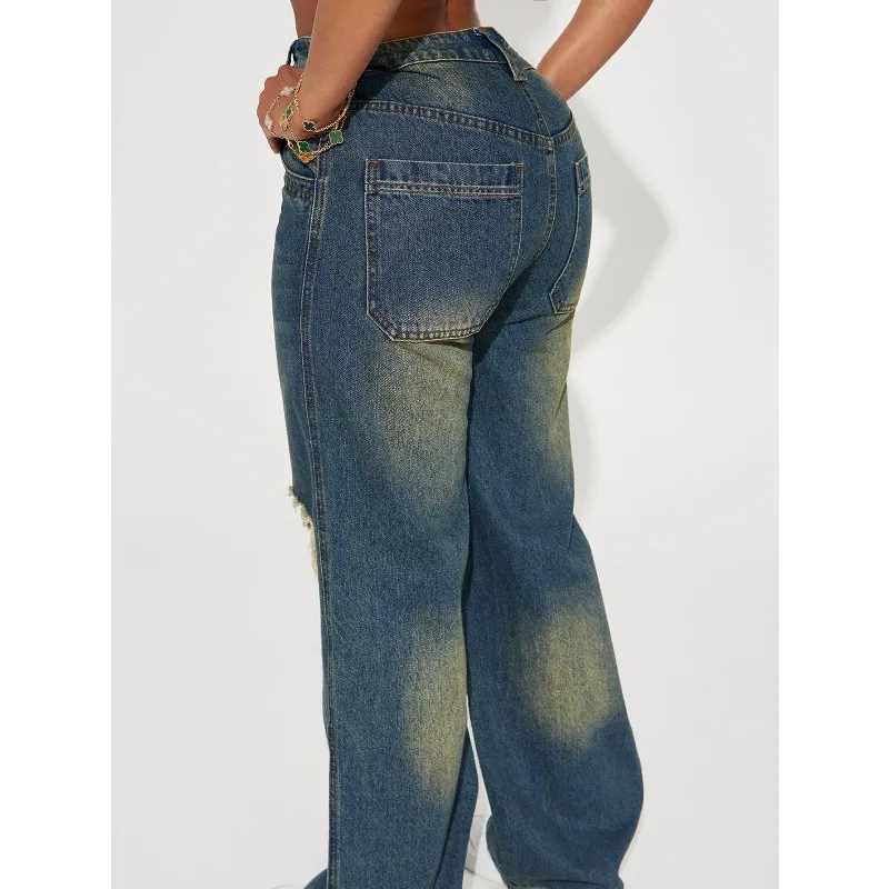 2025 Herfst Amerikaanse Retro Losse Afslanken Y2K Stijl Dames Zware Gewassen Kniegat Comfortabele Casual Wijde Pijpen Denim broek