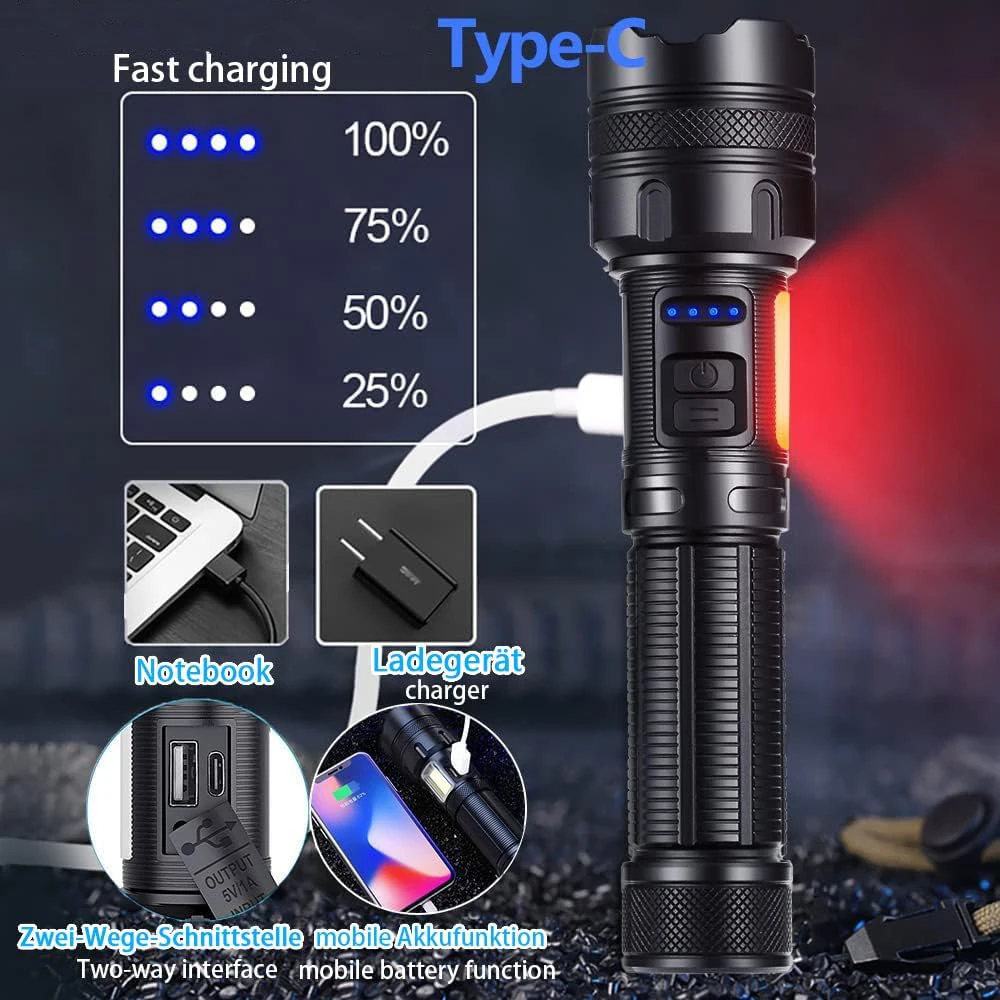 High Power LED Flashlight USB Rechargeable COB Lamp Tactical Torch Spotlight 21700 Battery Outdoor Zoom Super Bright Lantern