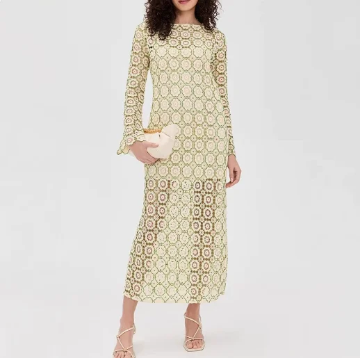 

Women's Dress Summer New Fashion Casual Style Crochet Lace Perspective Splicing Round Neck Trumpet Sleeve Straight Tube Dress