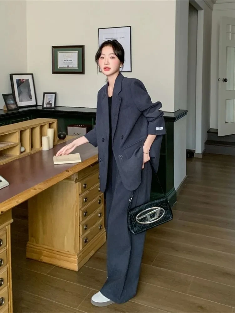 

plus Size Lazy Style Suit Jacket Wide Leg Pants Set Women Autumn Winter Plump Casual Two Piece Set Korean Loose High Waist Lo...