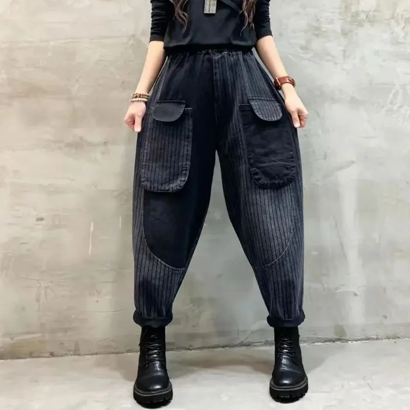 5XL Jeans 2024 Spring/Summer Fashion Printed Jeans Retro Washed Harem Pants Autumn Denim Pant Women Jeans Elastic Waist Trousers