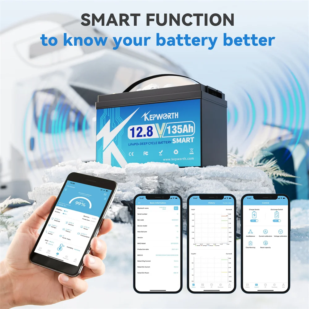 بطارية KEPWORTH 12V 135Ah LiFePO4 مع 100A Bluetooth BMS وحماية منخفضة الحرارة لقارب RV الشمسي #6
