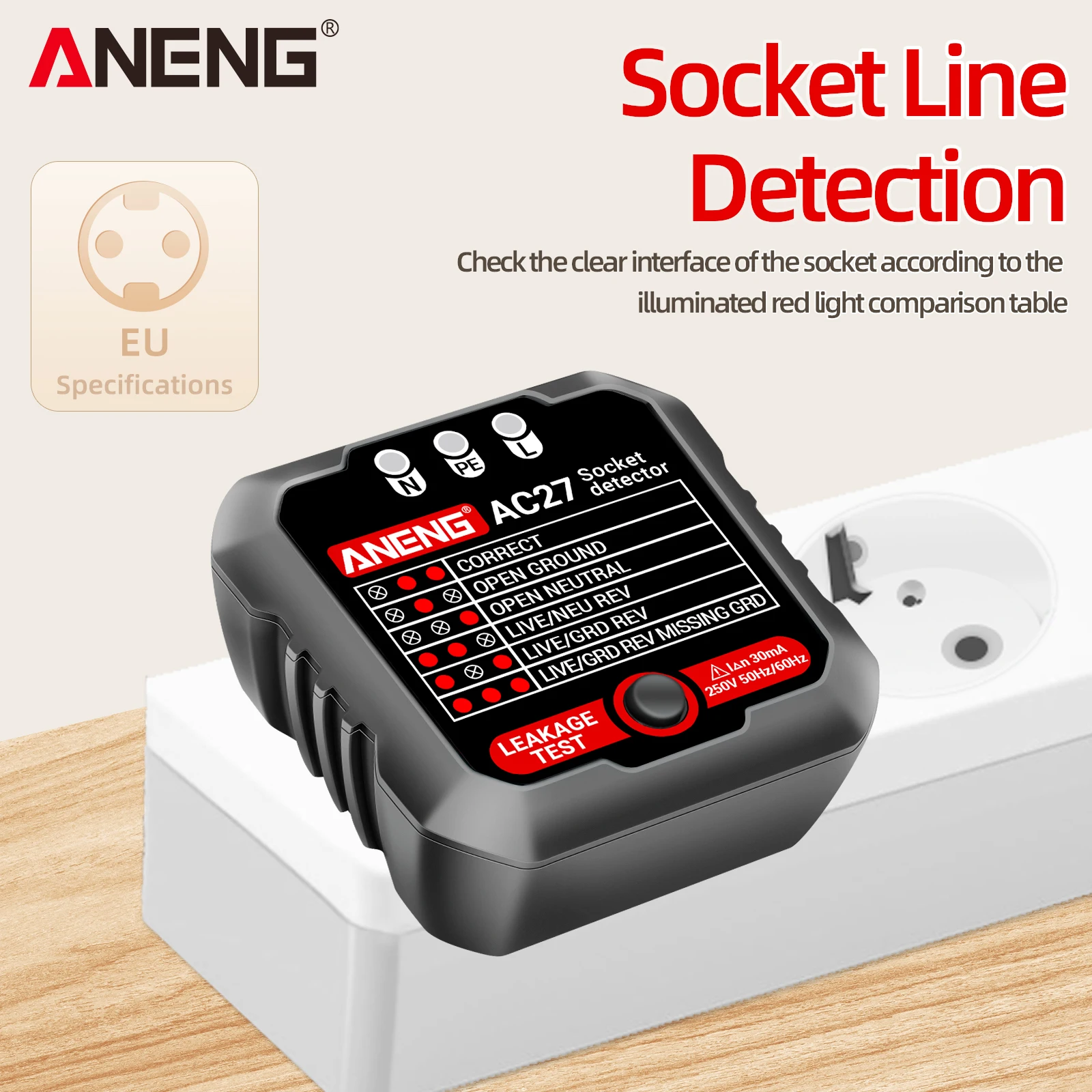 ANENG AC27 Smart Socket Tester EU/US Plug Polarity Phase Check Voltage Detector Test Electroscope Meter Circuit Breaker Finders