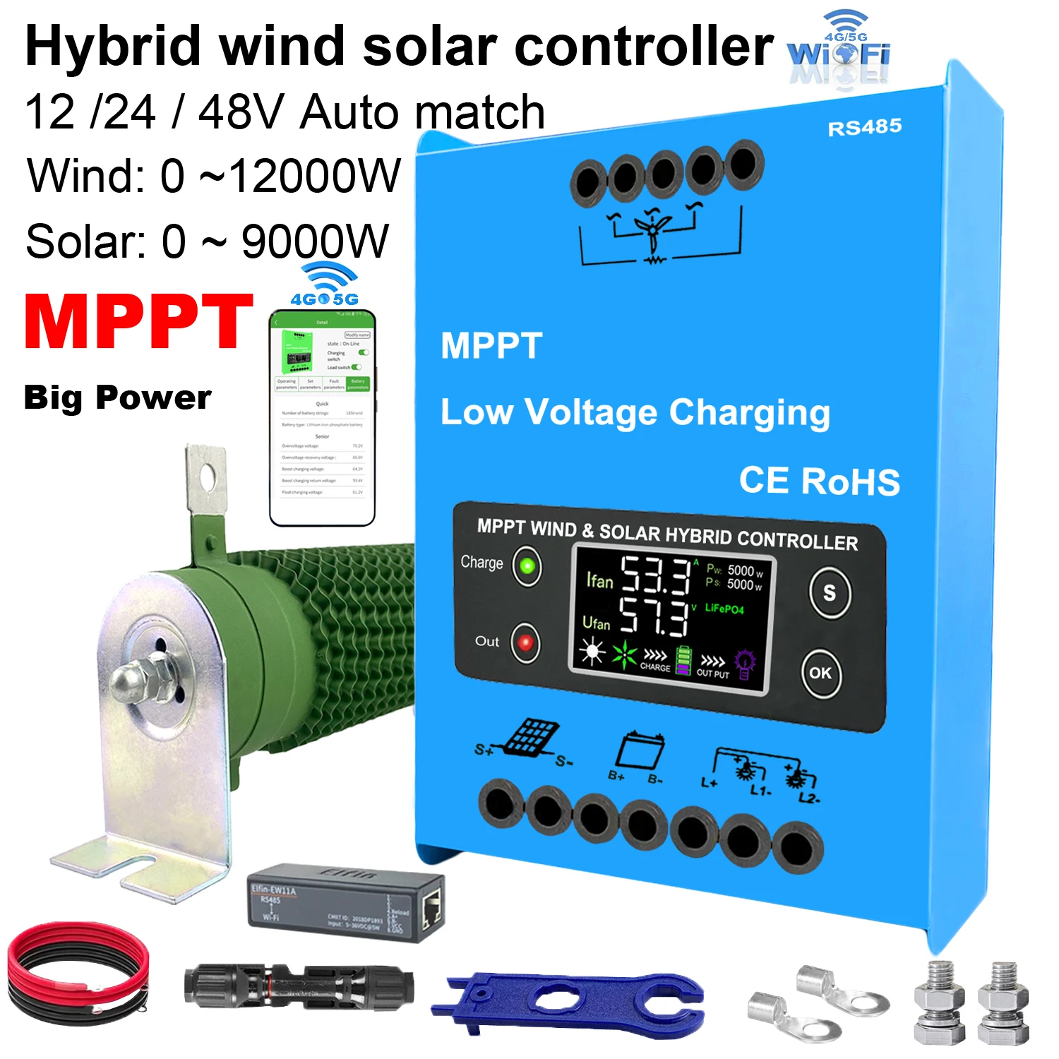 12V 24V 48V Wind Solar Hybrid Controller 3000W 4000W 5000W 160A Solar Panel Wind Turbine MPPT LiPO4 Battery Charging Regulator