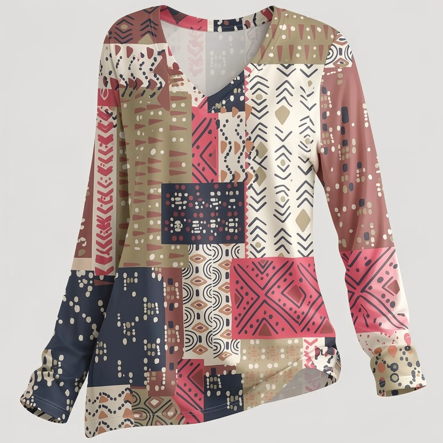 Autumn Street Style Everyday Commute Women's Tie-Dye V-Neck Long-Sleeve T-Shirt, Casual Loose Printed Women's Fashion Top