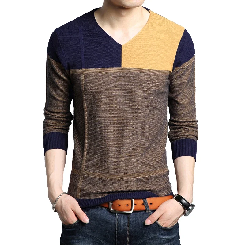 2024Men Autumn Long Sleeve Sweater Male Color Match Casual Splicing Design Slim Sweaters Outwear Hot Sale pullover knit