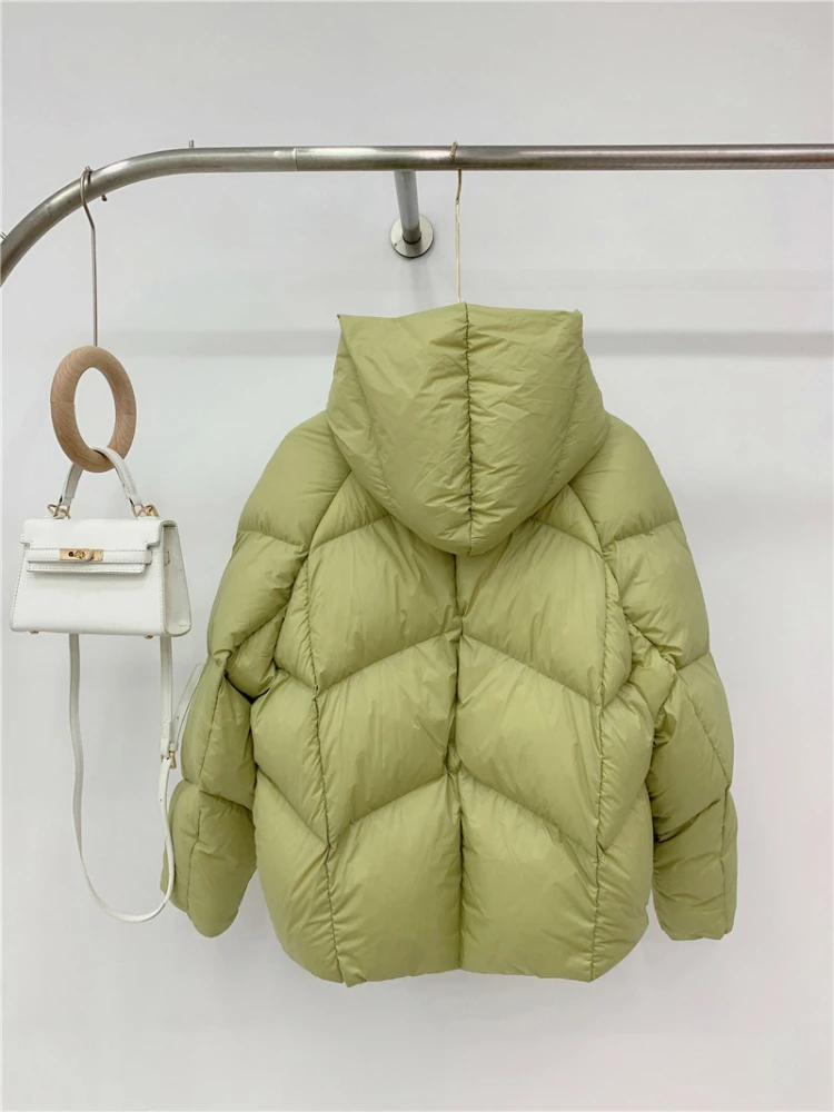 Chaqueta acolchada con capucha informal de invierno para mujer, abrigo cálido suave ultraligero de manga larga 90% plumón de pato blanco, corte holgado, recién llegado 2025