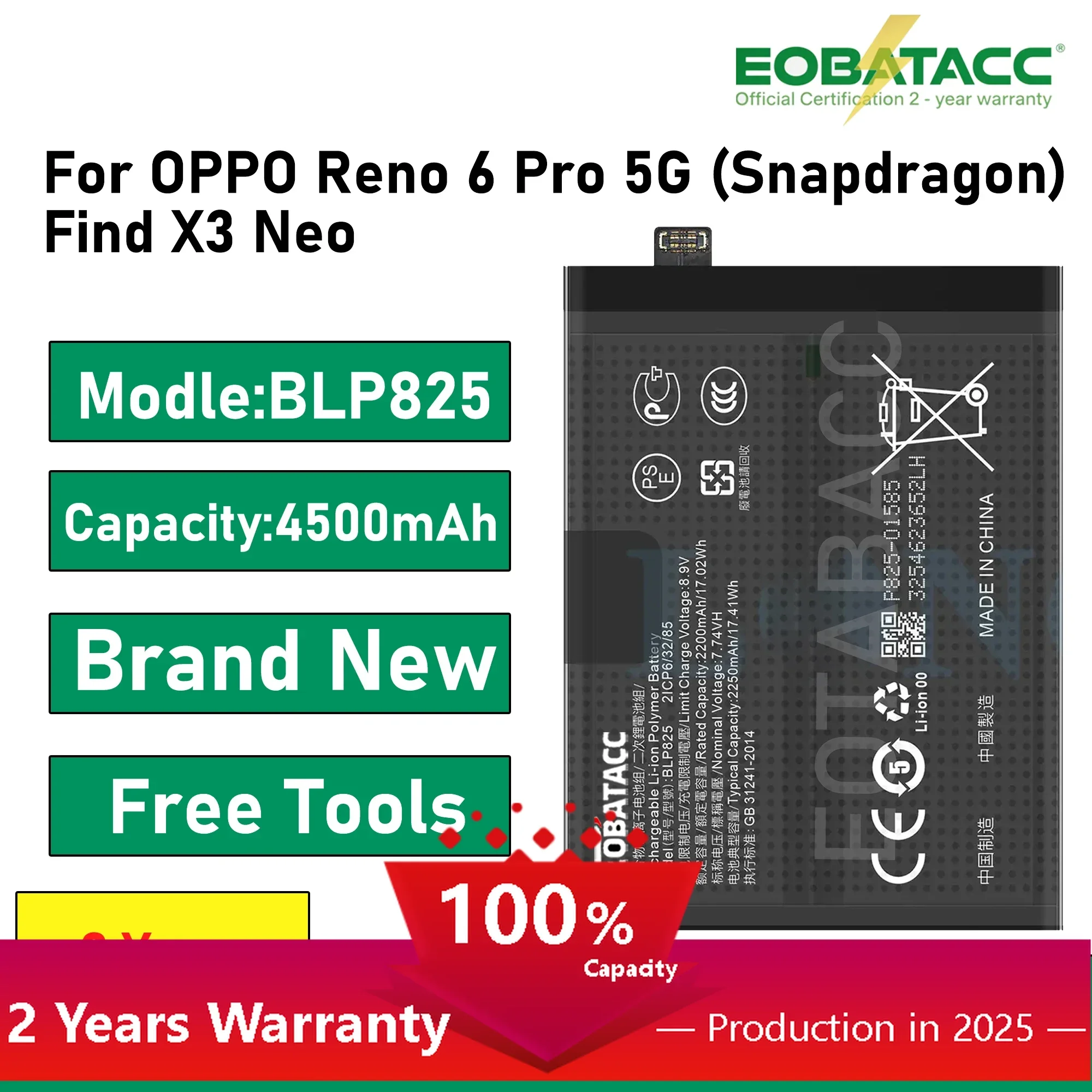 

2025 Years EOBATACC 100% New 4500mAh BLP825 Battery For OPPO Find X3 Neo Reno 6 Pro +Free Tools