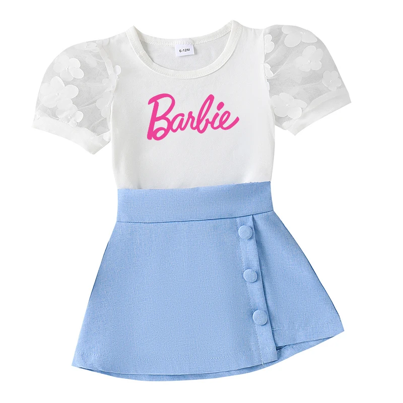 New Barbie Kawaii Children Dress Anime Fashion Girl Kid Spring Summer All-Match Flower Mesh Sleeves Skirt Princess Party Clothes