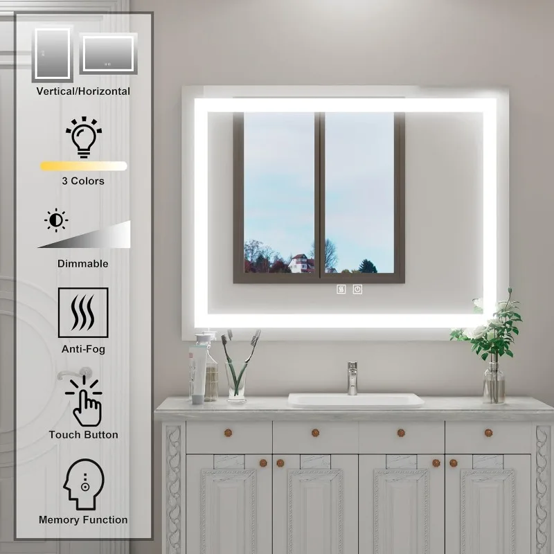 LED Bathroom Mirror 28 x 36 Inch Lighted Bathroom Mirror Wall Mount, Frameless LED for Bathroom Wall, Lighted