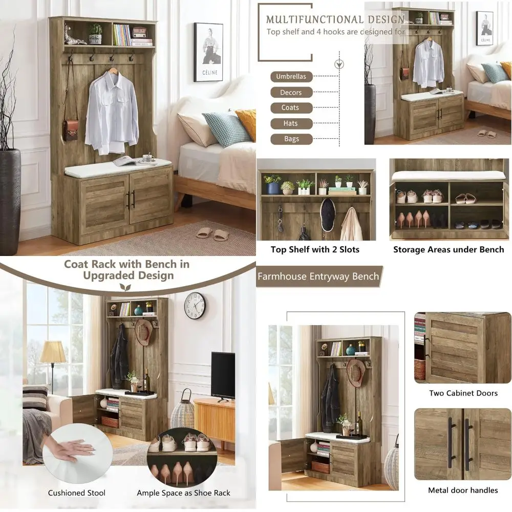 مقعد مدخل مقاس 71 بوصة مع خزائن تخزين ورف معطف ومقعد خشبي لغرفة الطين للممر