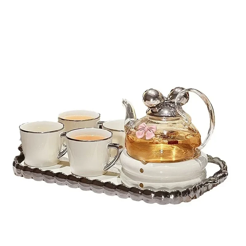 

Light Luxury Cream Style Bow Flower Tea Pot Set with Heatable housewarming Gift