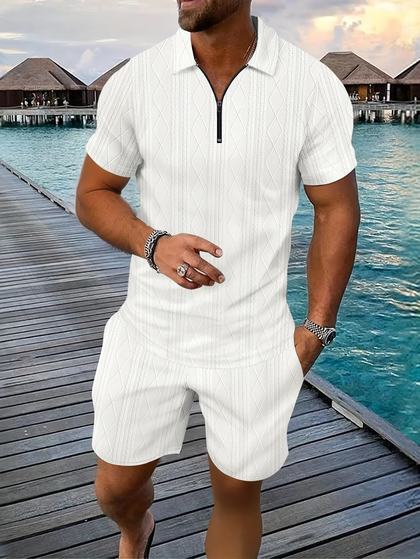 

Summer Men's Zipper Short Sleeve Polo Shirt Set With Twill Pattern Casual Sporty Beach Two-Piece Suit For Vacation Comfortable