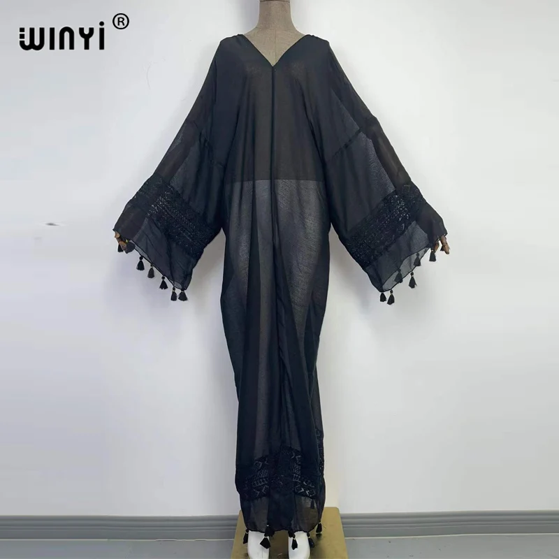 Europe 2022 WINYI V-neck elegant kaftan Women tassel  Long Loose robe femme free size Middle East Female Holiday long dress