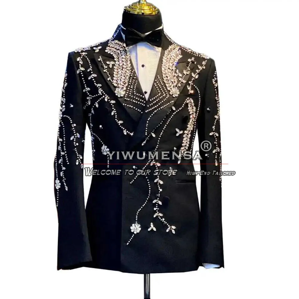 Black Groom Wedding Suits Crystals Beaded Groom Tuxedos Tailored Double Breasted Jacket Pants 2 Pieces Man Business Party Blazer