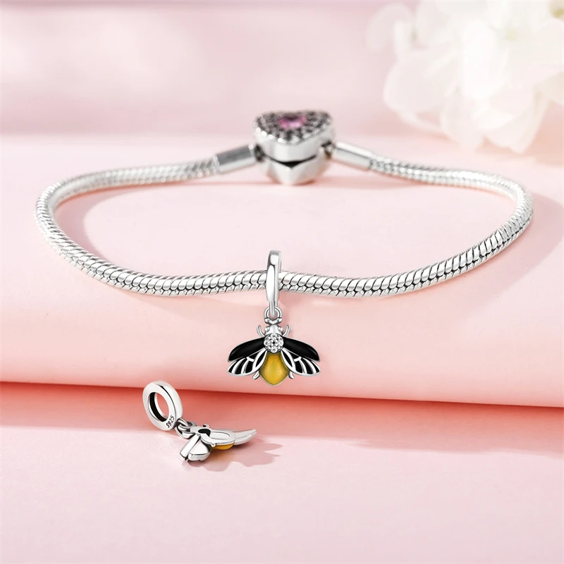 925 Sterling Silver New Charm Fit Original Pandora Bracelet DIY Jewelry luminous fireworm Bead Women Evening Party Pendant