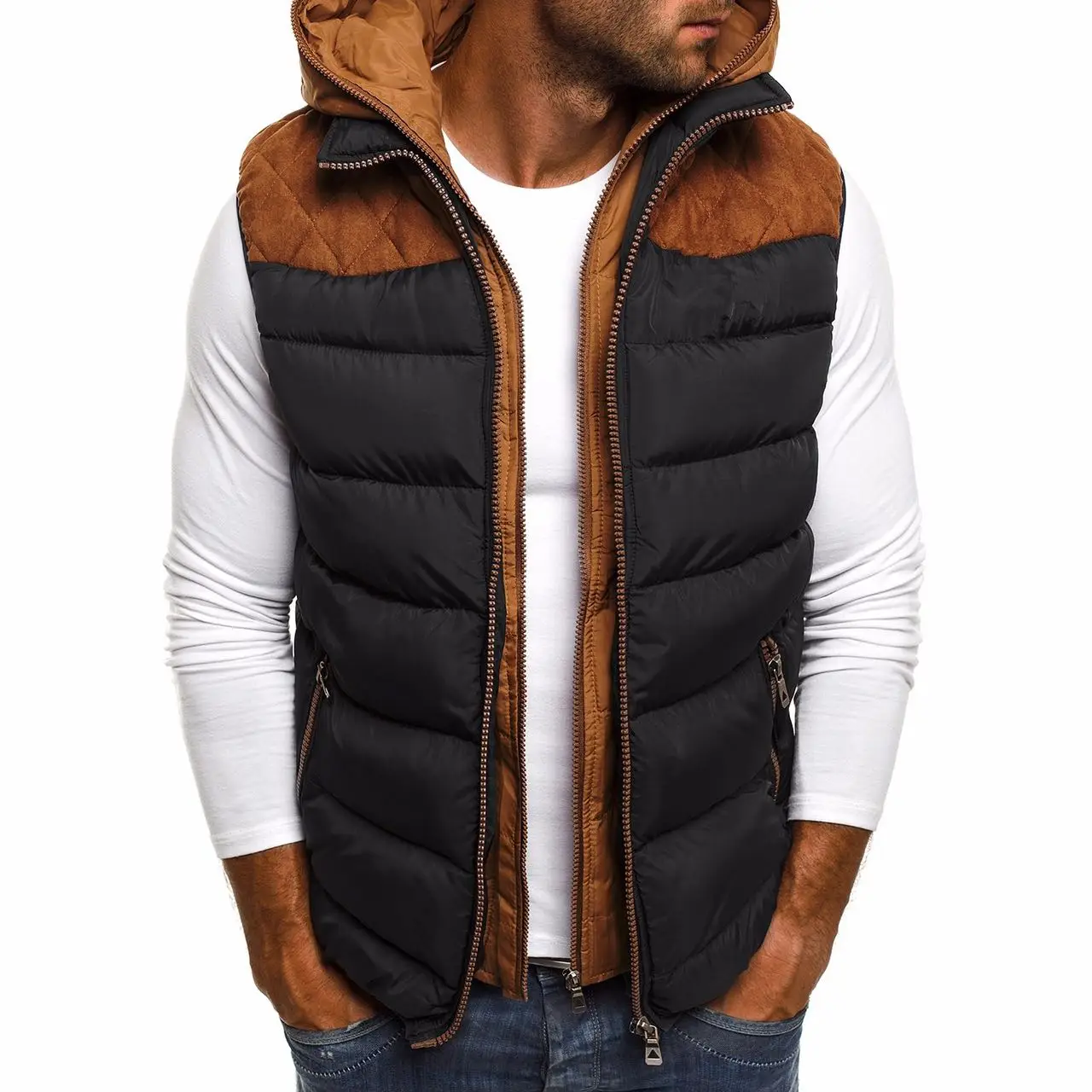 Colete masculino à prova de vento com capuz jaqueta masculina sem mangas duplo zip colete jaqueta de inverno jaqueta casual jaqueta masculina de