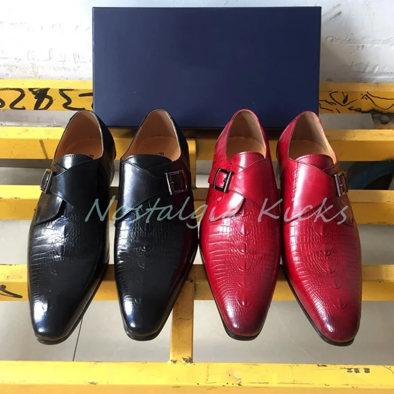 ヴィンテージレッドクロコダイルエンボスドレスシューズモンクストラップ本革シングルバックルローファーカジュアルポインテッドトゥオックスフォード男の靴