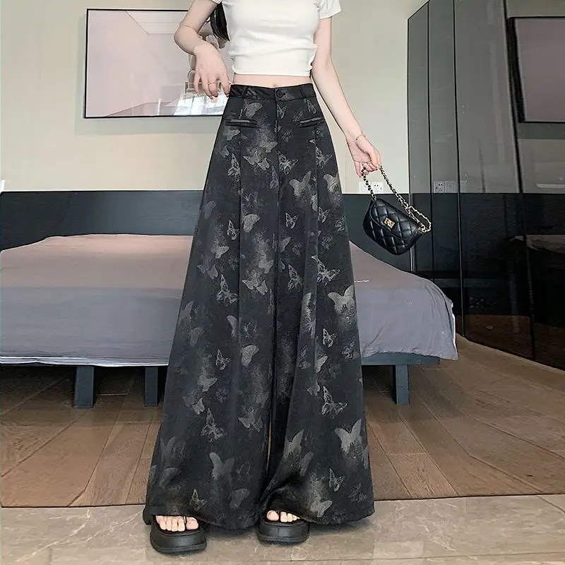 Spring Summer Retro Jacquard Satin Wide Leg Pants High Waist Straight Trousers