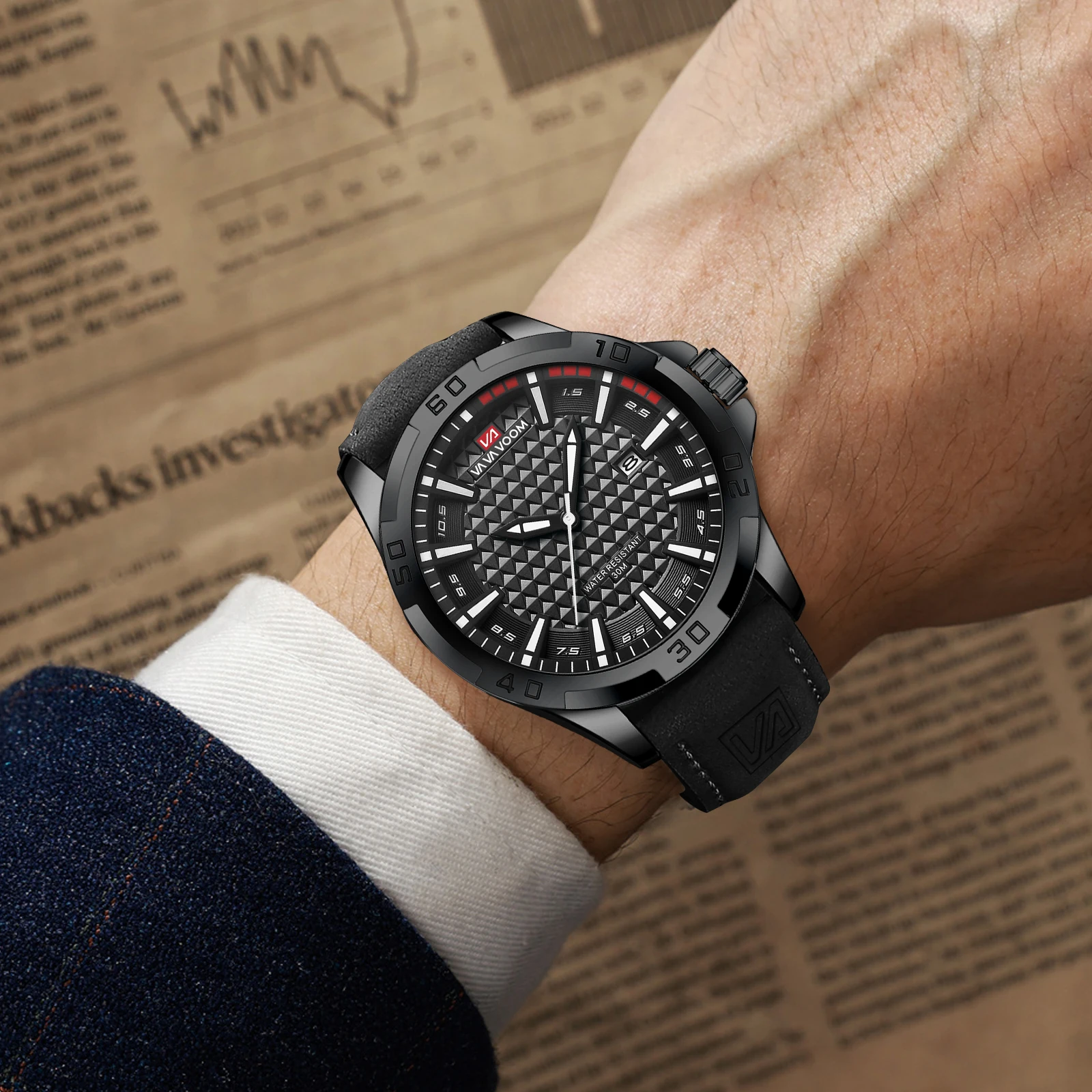 VA VA VOOM أفضل ماركة ساعة رجالية جلدية نمط الأعمال 45 مللي متر الفضة أسبوع ساعة 3Bar مقاوم للماء ساعة رياضية عسكرية للرجال reloj