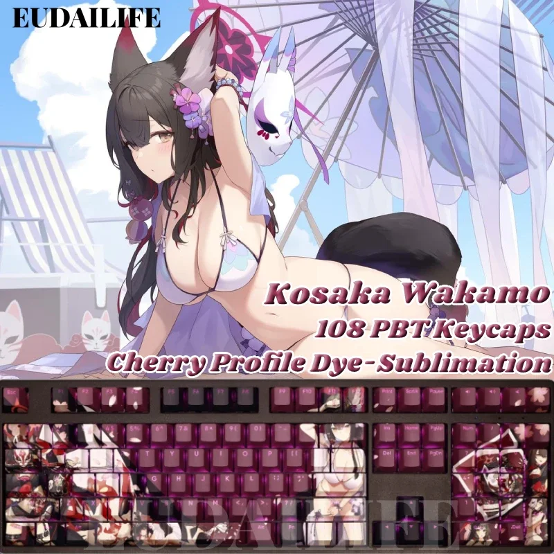 Kosaka Wakamo 108 Key Cap Blue Archive Game PBT DYE Sublimation Light Transmitting Cherry Switch Cross Cover Mechanical Keyboard