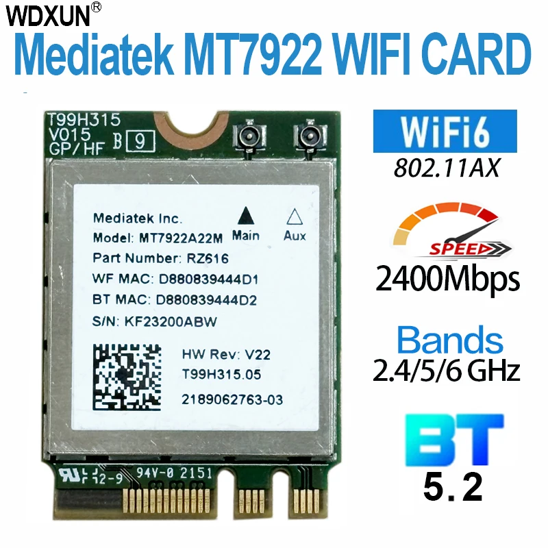 MT7922 Wi-Fi 6E wireless LAN card 2400Mbps wifi network card 2.4G 5G 6G 802.11AX M.2 NGFF for Bluetooth 5.2 MU-MiMO adapter