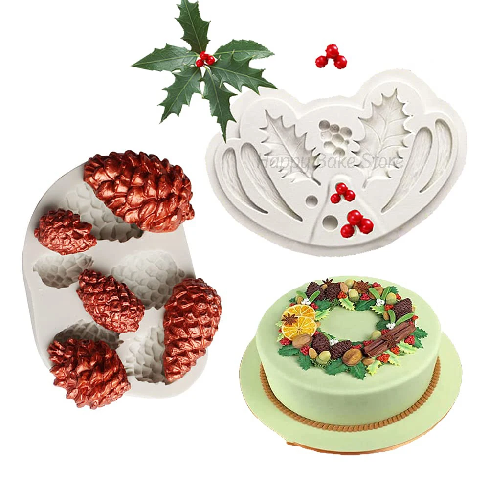 Christmas Holly Leaf & Pinecone Silicone Molds, Xmas Fondant Mould, For DIY Cake Decoration, Biscuit, Sugar, Pudding, Chocolate