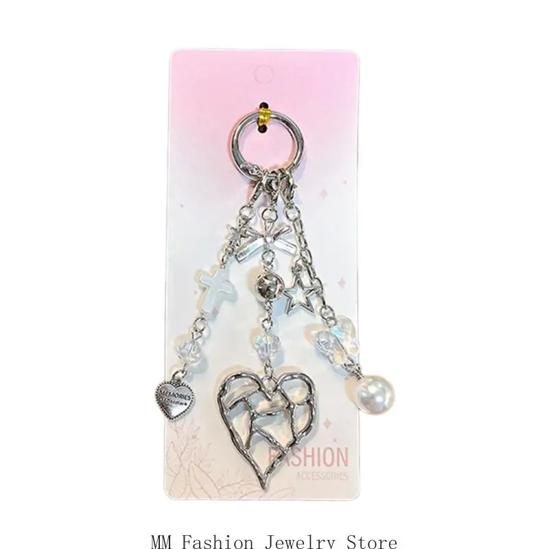 Alloy Acrylic Bowknot Heart Keychain Pearls Bead Charm Scratch Resistant For Everyday Use D0UB