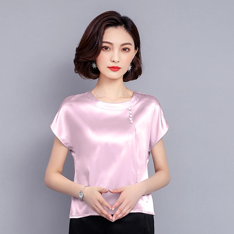 

Women's New Summer Short Sleeve Blouse Casual Round Neck Blusa Satin Simple Fashion Shirt