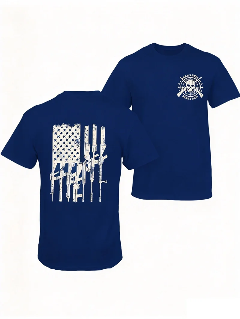 Gothic US Flag and Guns Print Crew Neck Short-Sleeve T-Shirt Unisex Short-sleeved Retro Street Y2K Casual Fashion Tops Clothing