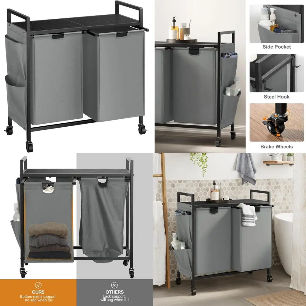 

Серая корзина для белья на колесиках с крышкой, органайзером на колесиках, железной рамой, верхней полкой и 2 съемными пакетами для больших хранения одежды