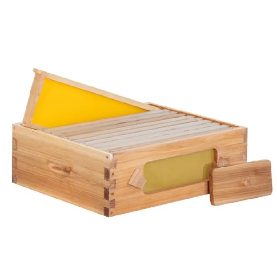 

Beekeeping supplement: Langstroth medium super box with window pine wood dipped in beeswax natural color includes wooden frames