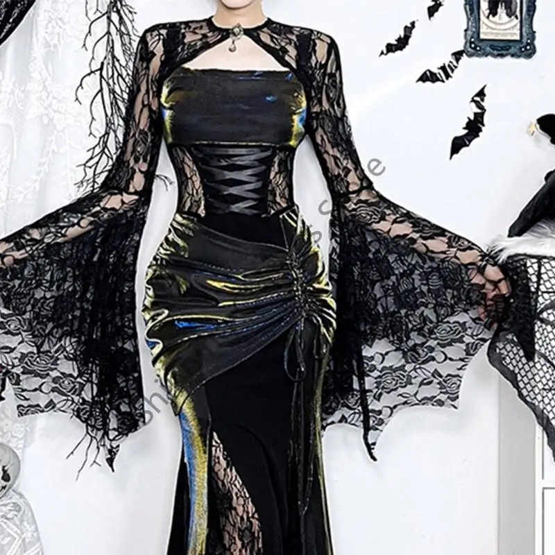 M68A القوطية الدانتيل أجنحة الخفاش كم غير المتكافئة هيم بلوزات الصيف خفيفة الوزن للنساء البوليستر بلوزة غير رسمية #2