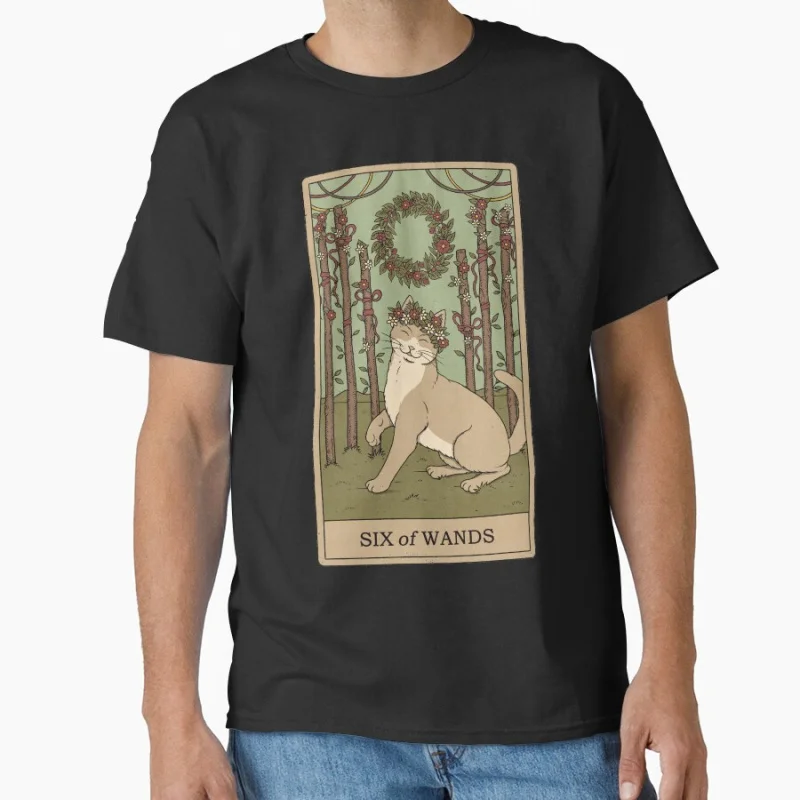 

Six of Wands Vinage Tarot Card Cat Funny magical cats cute pet Gift T shirt for men large size Adult Tops S-6XL mens clothing