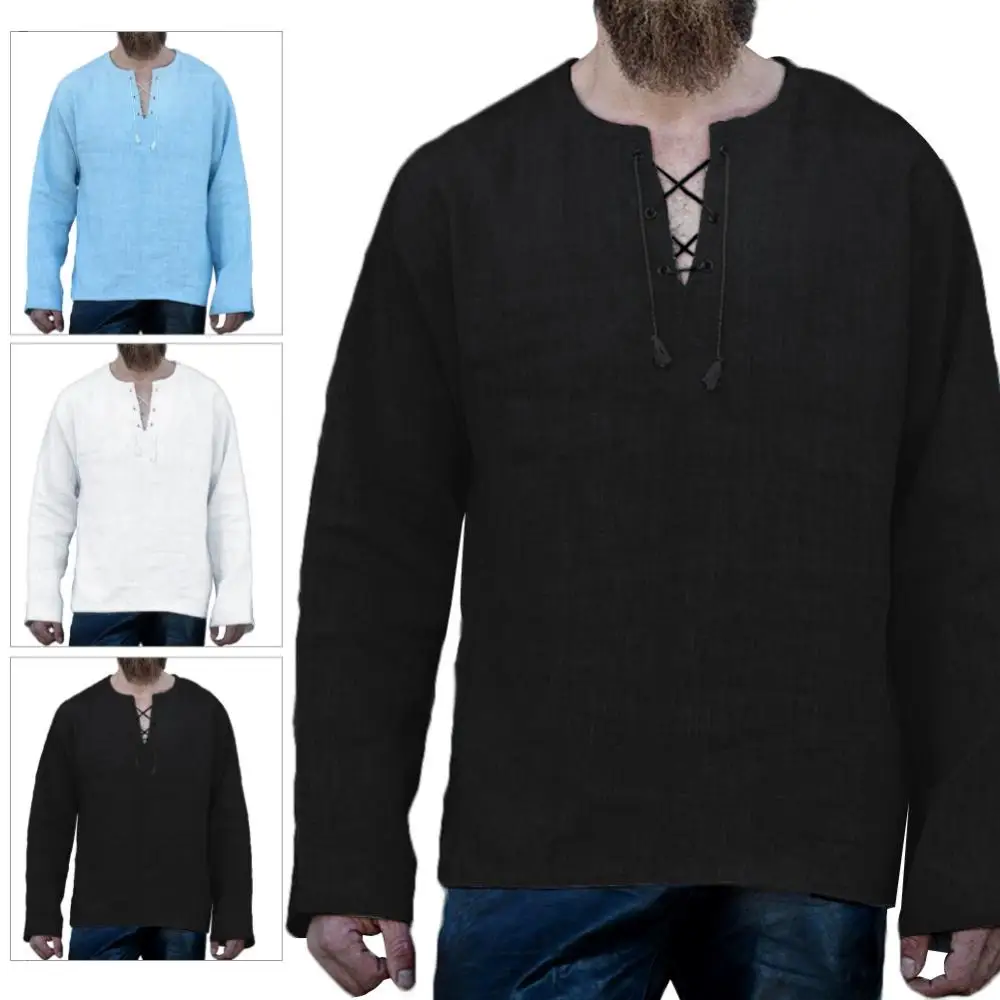 Cotton Men V Neck Solid Color Blouse Long Sleeve Loose Top Shirt Lace up Linen T-Top