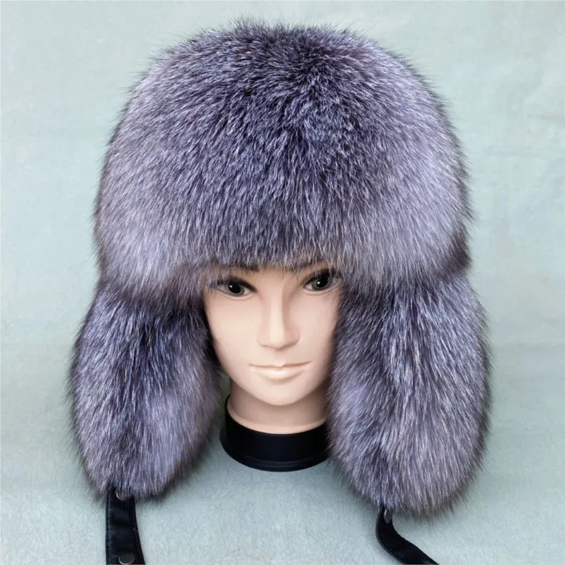 Silver-blue full fur hat warm whole leather