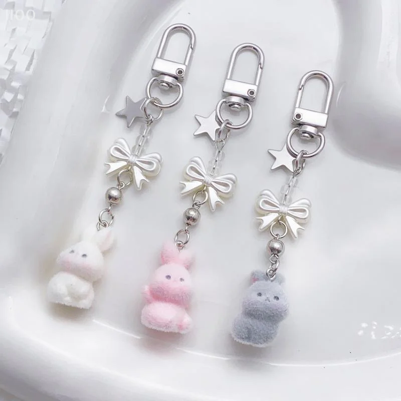 

Cartoon Cute Bow Flocking Small Animal Keychain Pendant Sweet Exquisite Mobile Phone Charm Backpack Decoration Accessories Gifts