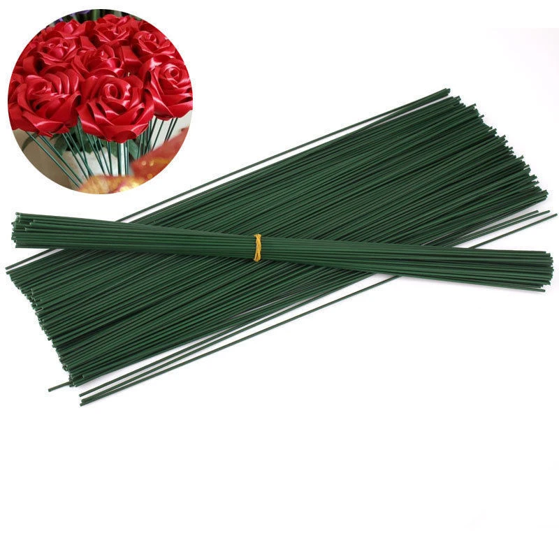 Green Artificial Flower Stick Iron Stem Holder for Flower Bouquet 20P DIY Crochet Flowers Accesories 45/25/15cm Fake Floral Stem