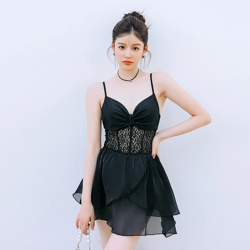 

2023 Korean Ladies Swimsuit One Piece Black Swimdress Bathing Suits Girls Tankinis Sexy Swimwear Underwire Beachwear Swim Skirt