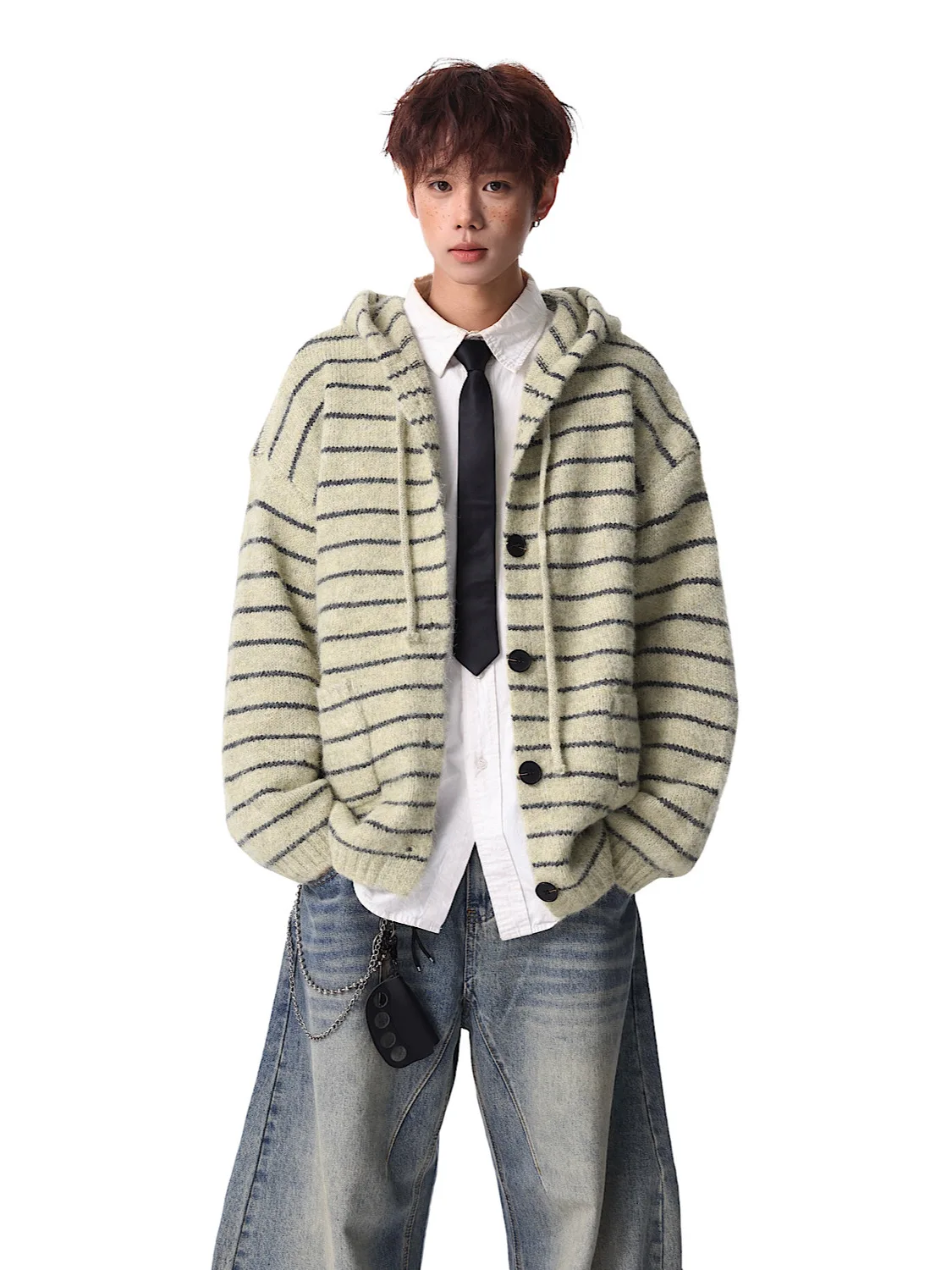 

Тяжелый ретро-полосатый открытый кардиган с капюшоном, трикотаж для мужчин и женщин, модное брендовое пальто из пряжи в американском стиле для пар