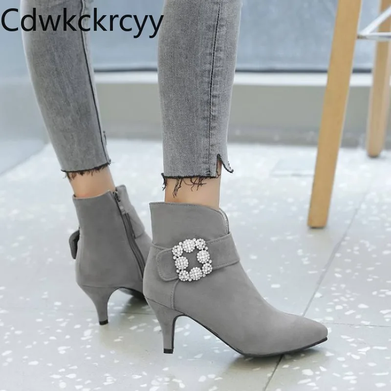 Winter Die neue Mode spitze Stiefel mit feinem Absatz rot Strass Sexy Plus Samt warm halten High Heel Damenstiefel Größe 34-48