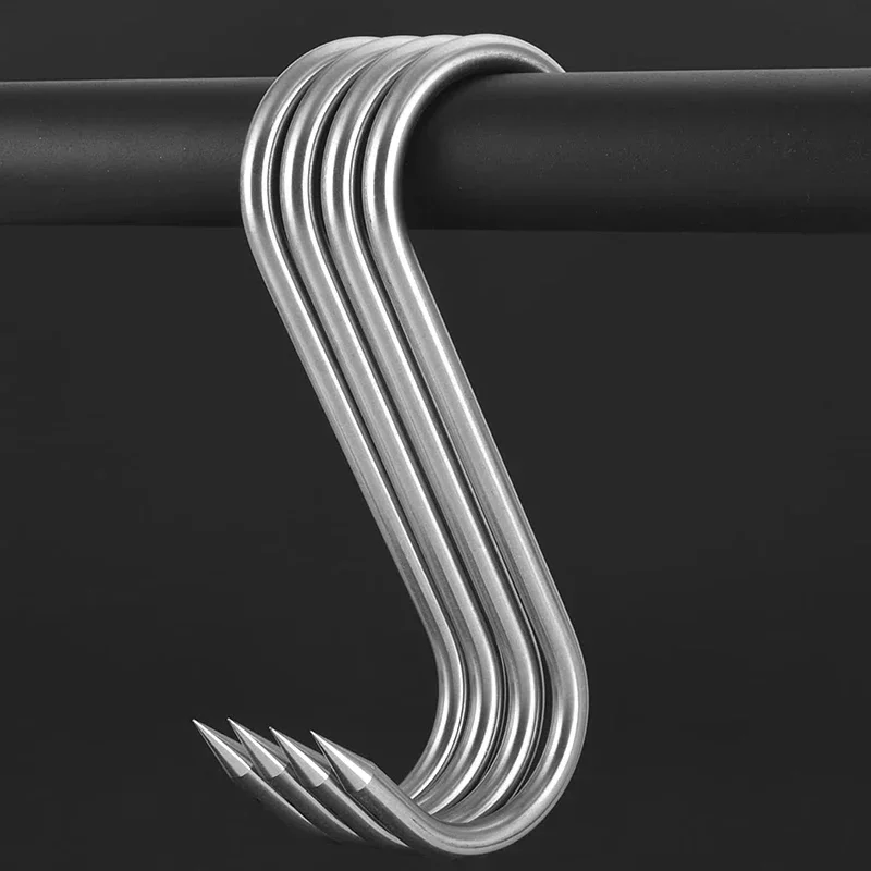 4Pcs Stainless Steel Meat Hooks, 7/8-Inch 4/8mm S-Hooks, Meat Processing Butcher Hook Pot Hooks