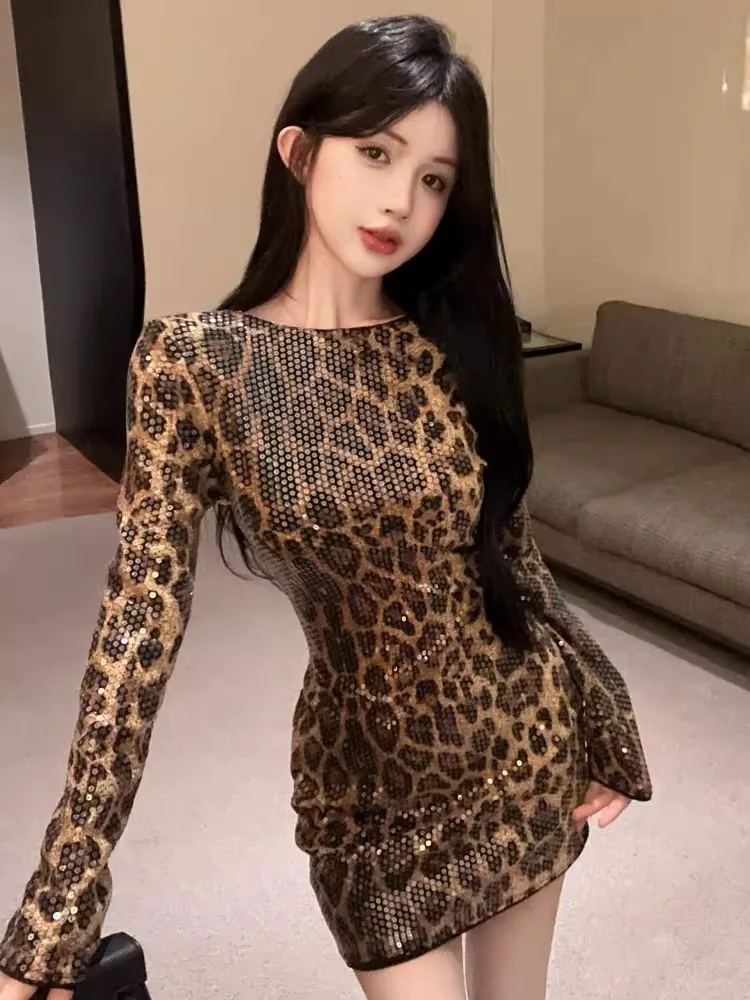 Women's Party Banquet Costume 2026 New Sexy Spice Girl Leopard Print Sequin HipDresses 2026 Summer New Fashion Y2k Skinny Dress